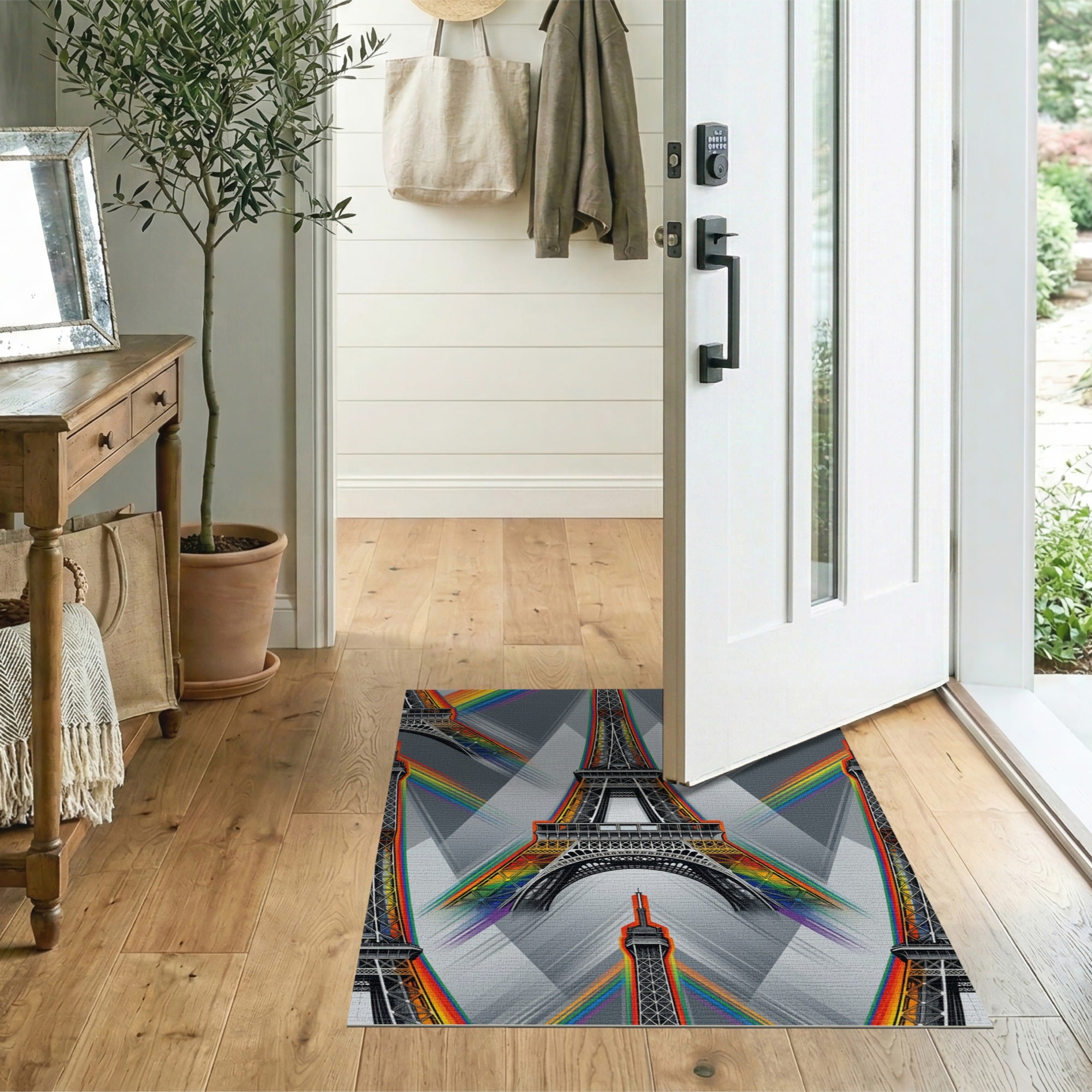 Rainbow Eiffel Tower Geometric Area Rug