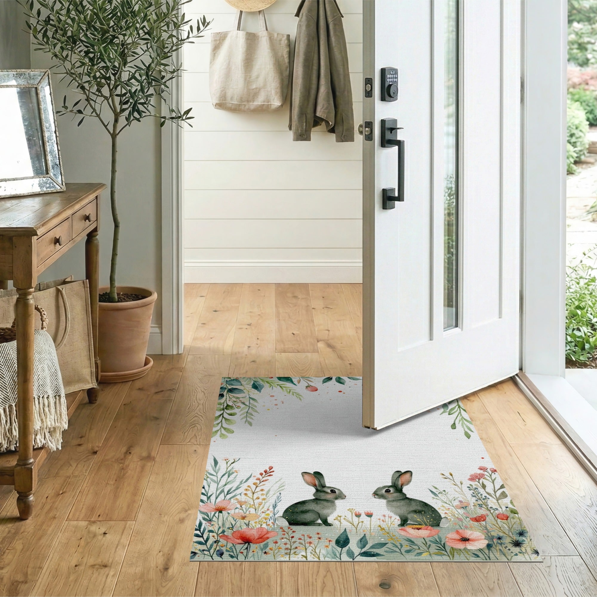 ODIKA Watercolor Bunny and Wildflower Washable Nursery Rug - Low Pile Non-Slip