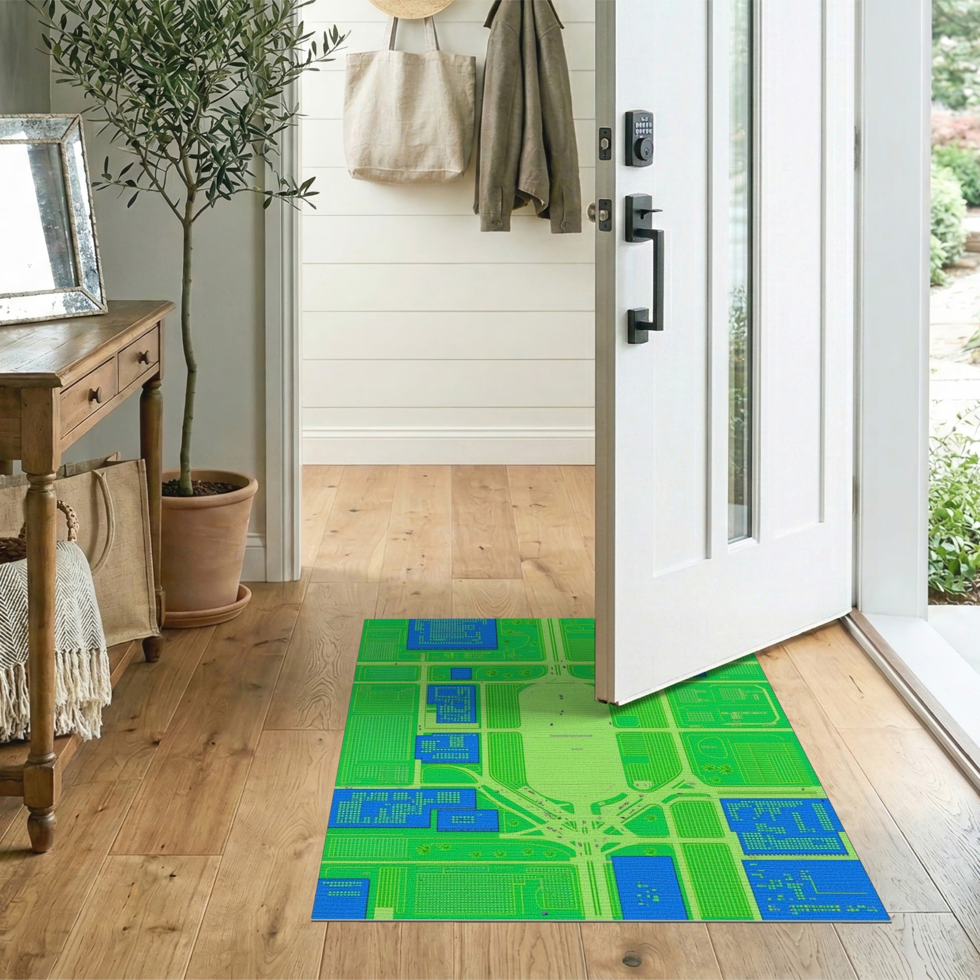 Green Blue Geometric Urban Grid Area Rug