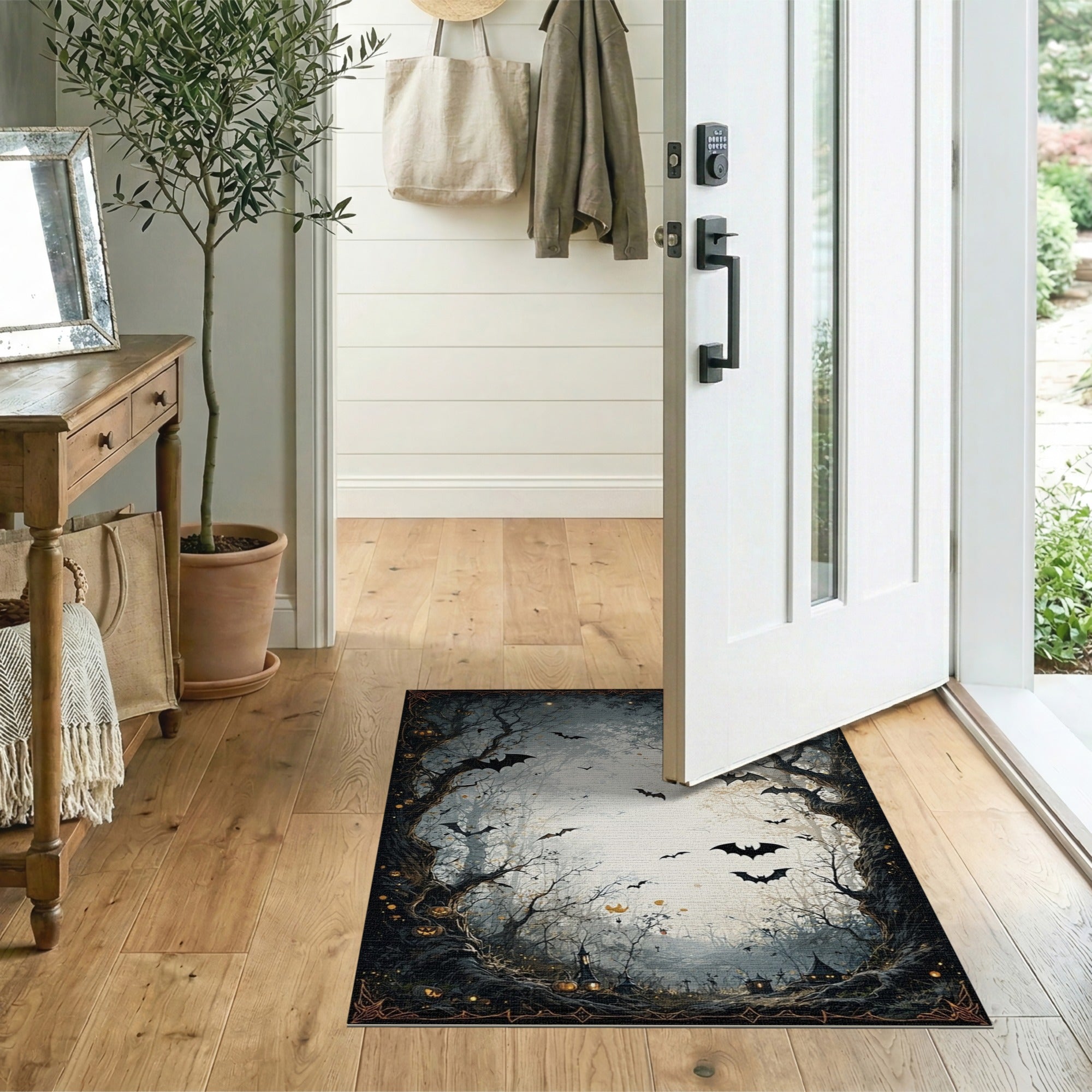 Haunted Halloween Forest Bats Pumpkins Rug