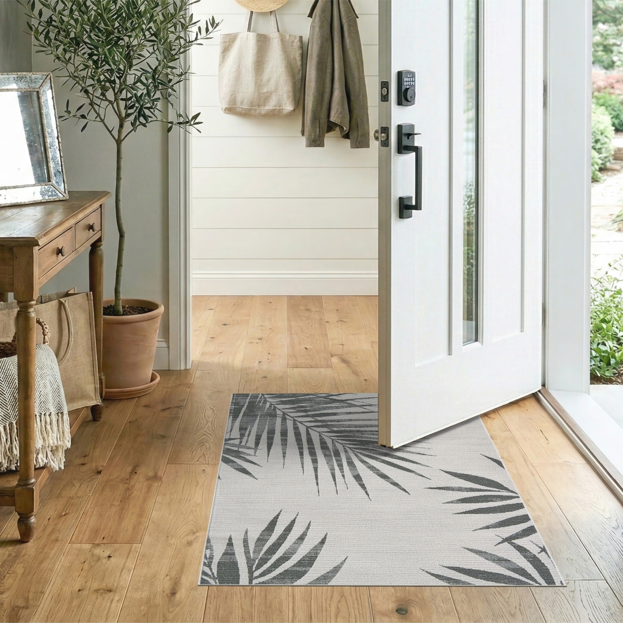 Grey Palm Frond Coastal Area Rug