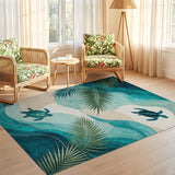 ODIKA Washable Sea Turtle & Palm Leaf Teal Coastal Area Rug - Non-Slip Low Pile
