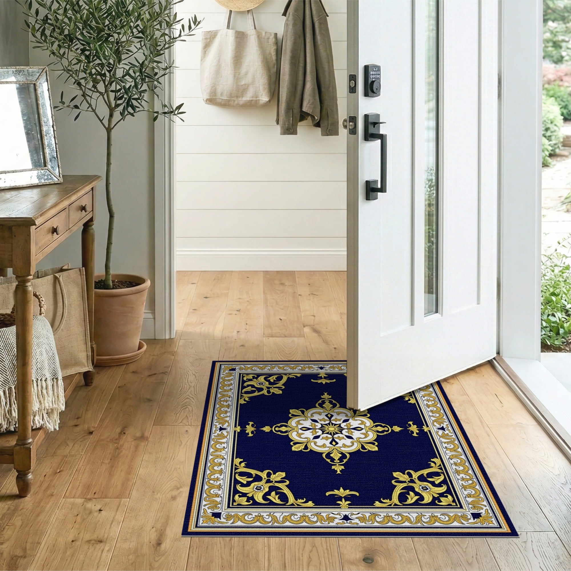 Blue and Teal Navy Blue Gold Ornate Medallion Area Rug
