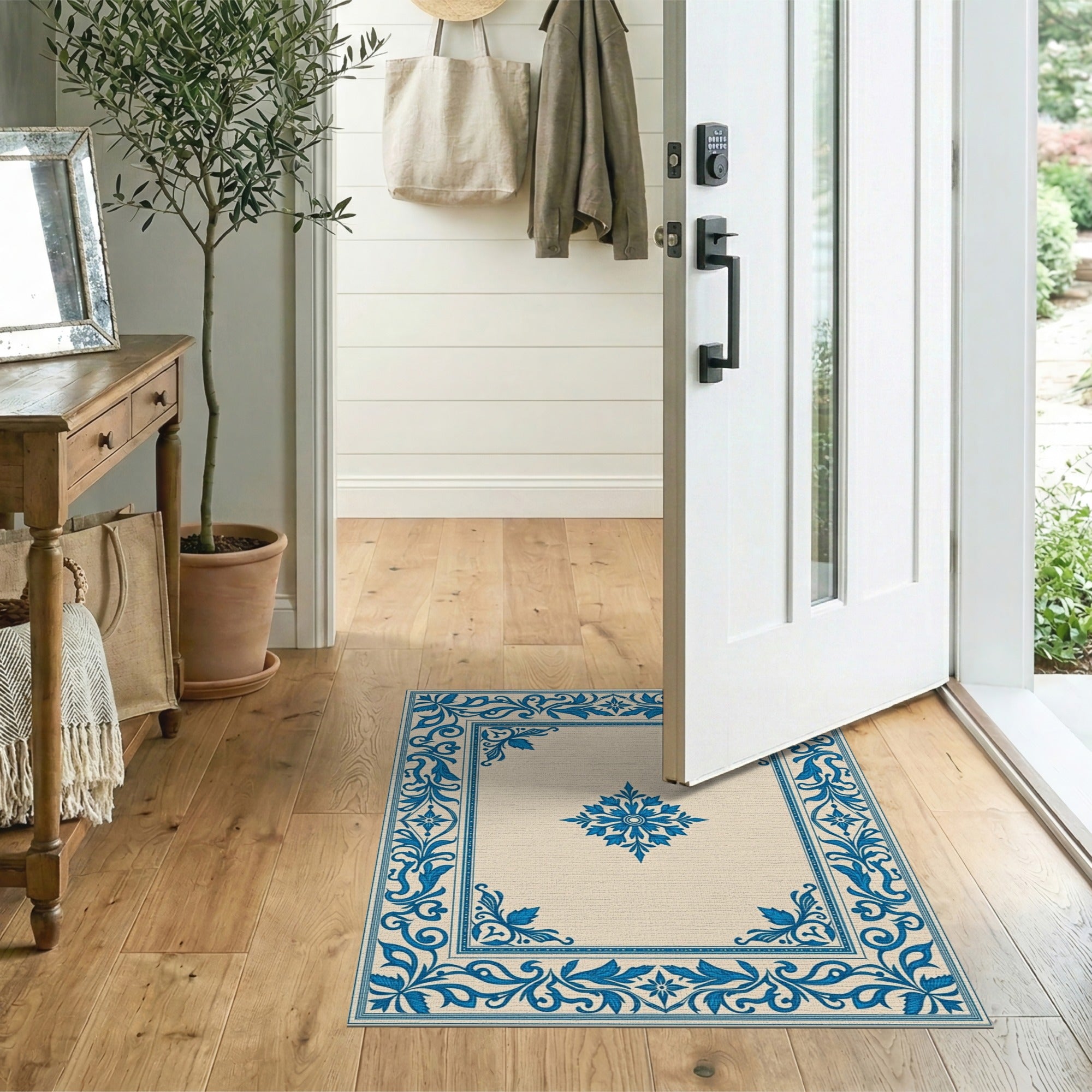 Blue Floral Border Cream Area Rug