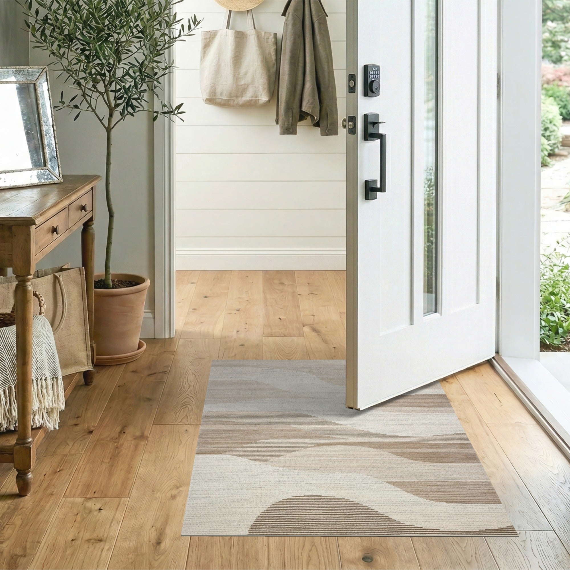 Washable Modern Abstract Wave Beige Low Pile Area Rug