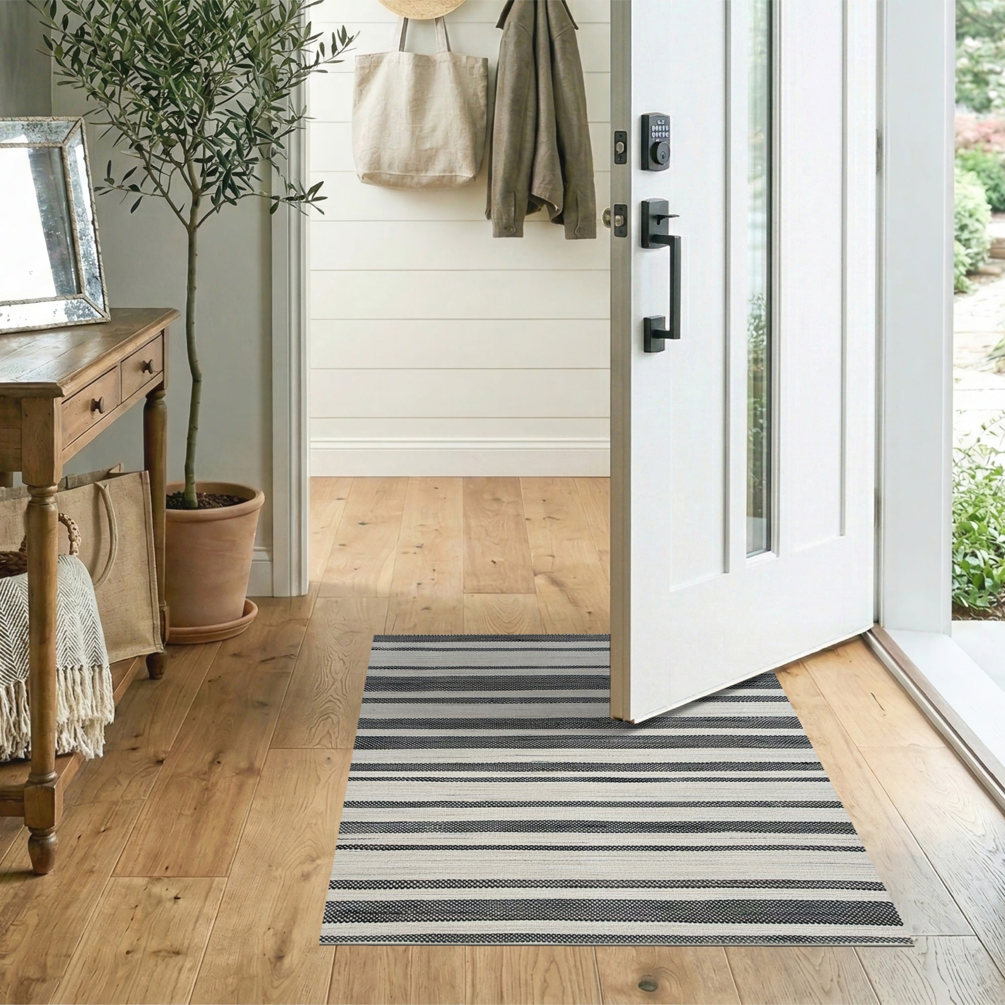 Distressed Vintage Black White Striped Woven Area Rug