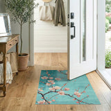 ODIKA Washable Cherry Blossom Area Rug - Teal Floral Low Pile Non-Slip Rug