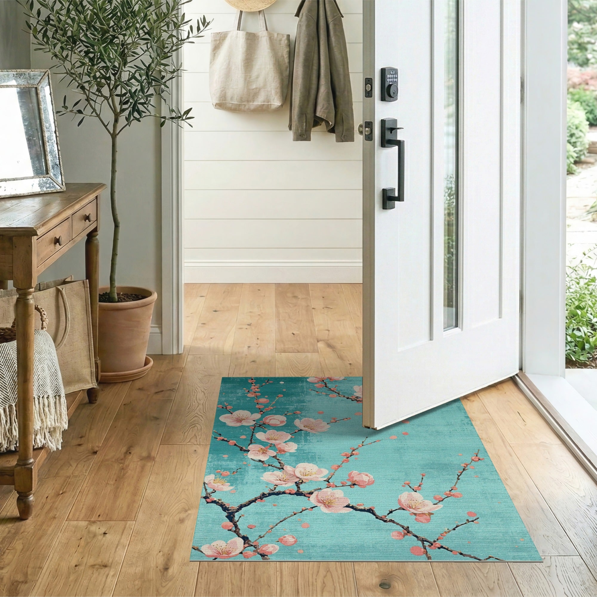 ODIKA Washable Cherry Blossom Area Rug - Teal Floral Low Pile Non-Slip Rug