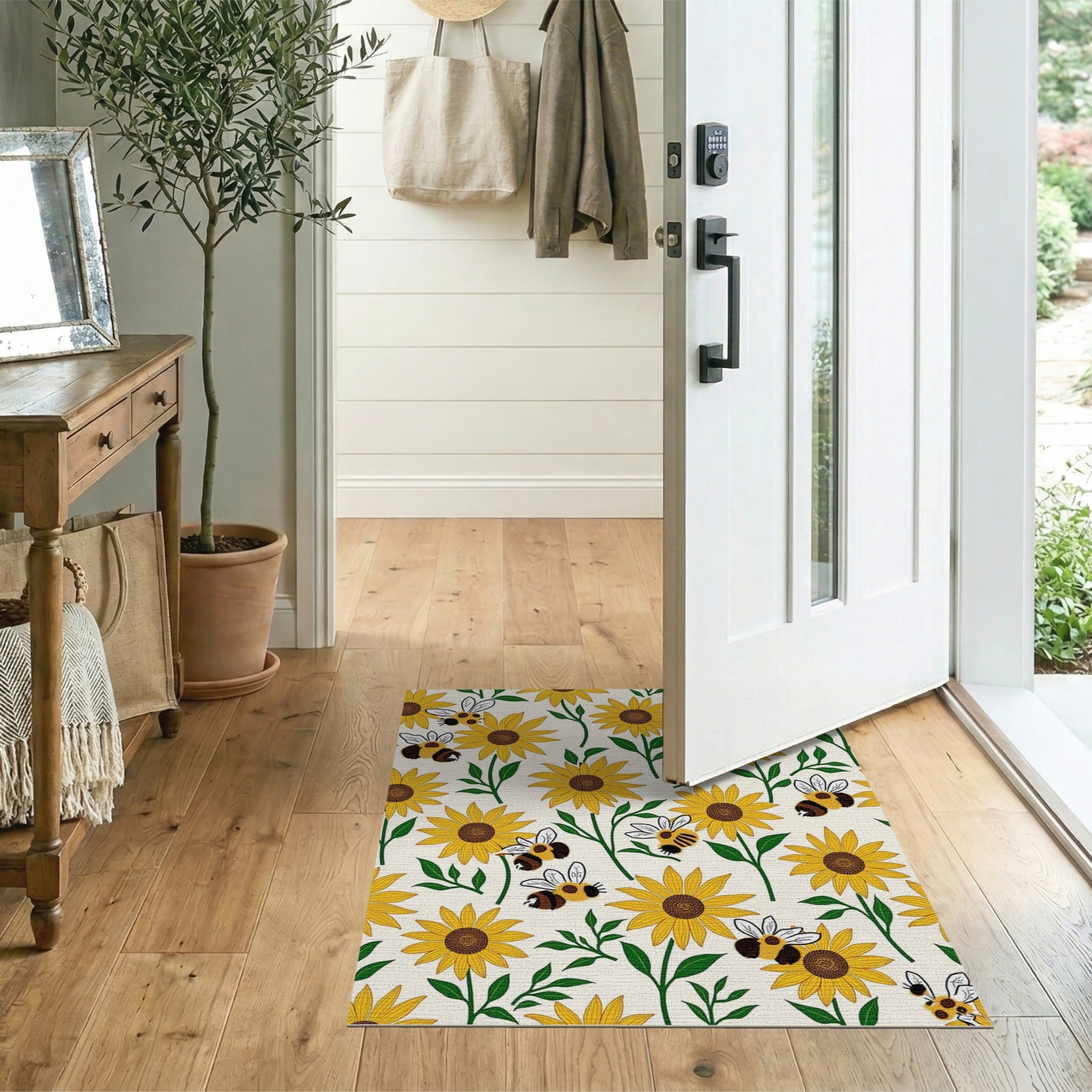 ODIKA Sunflower & Bumblebee Vintage Washable Area Rug - Low Pile Non-Slip Floral Carpet