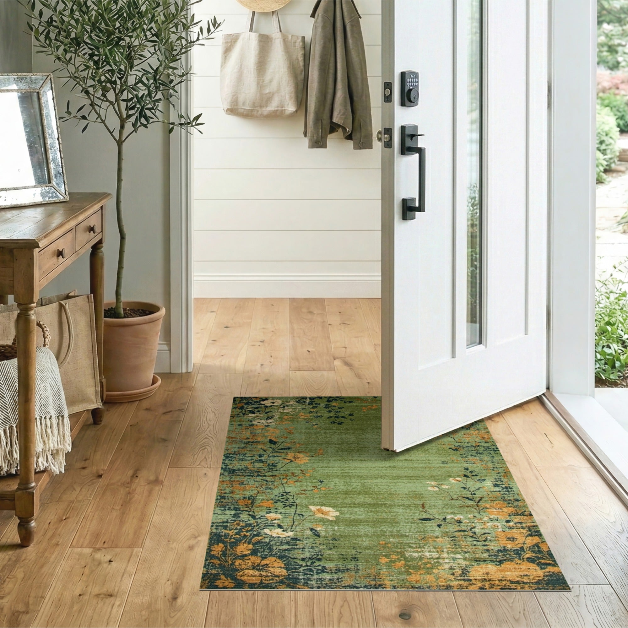 Washable Vintage Distressed Floral Green Area Rug - Non-Slip, Low Pile