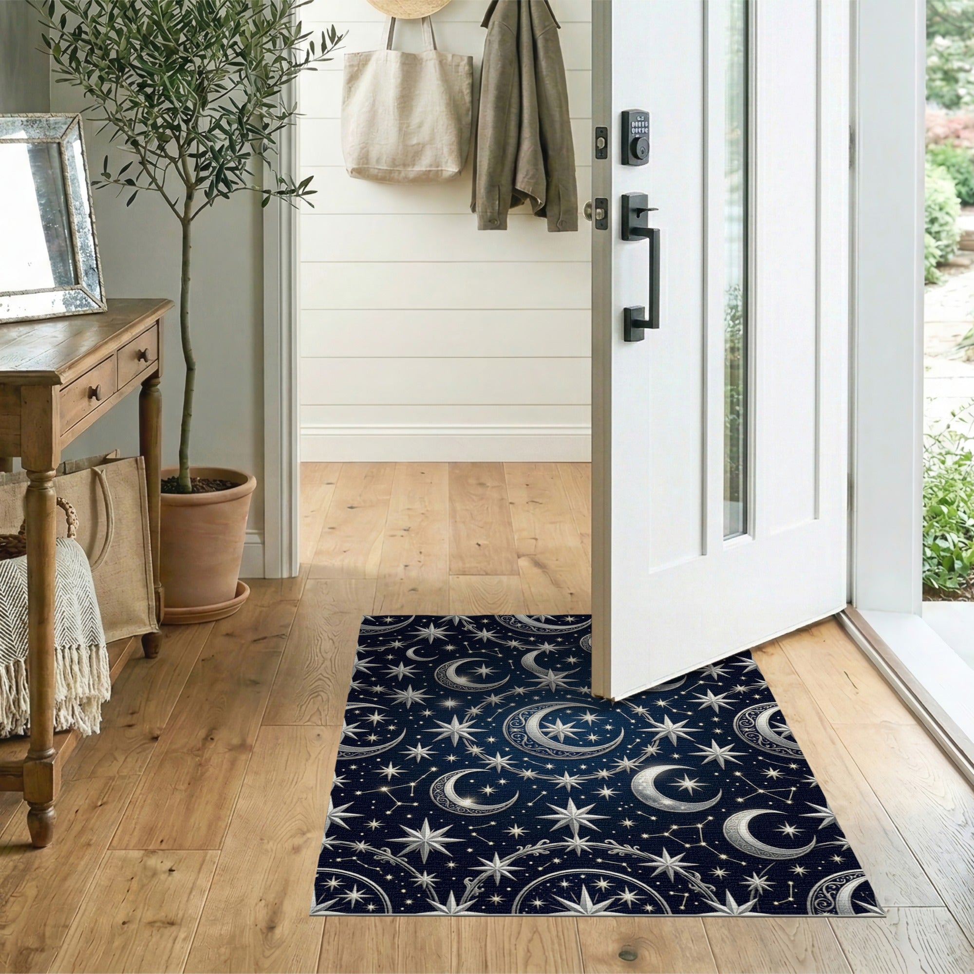 Celestial Silver Moons Stars Navy Area Rug
