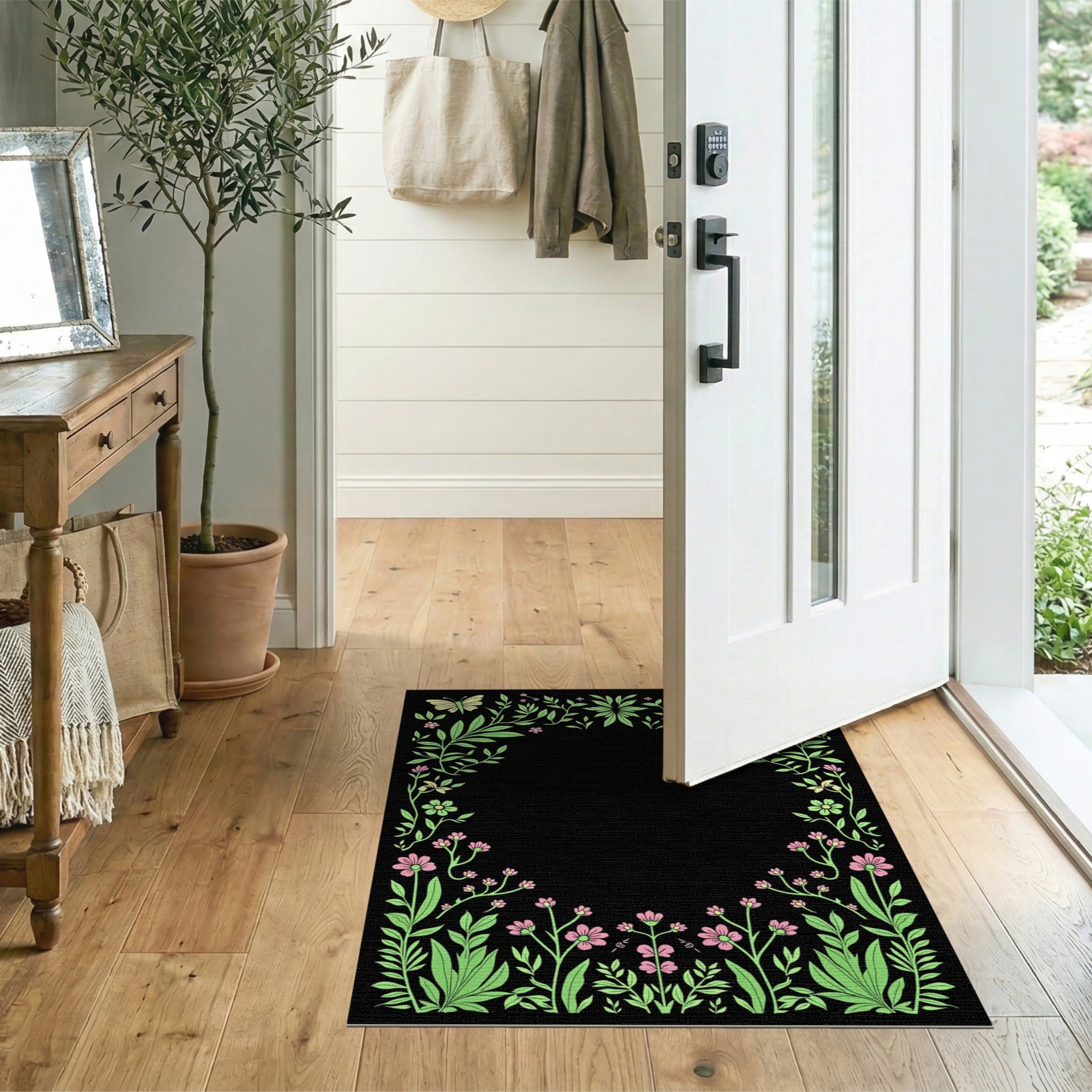 Green Foliage Pink Flower Butterfly Border Rug