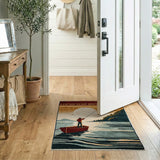 Tranquil Fisherman Sunrise Lake Scene Rug