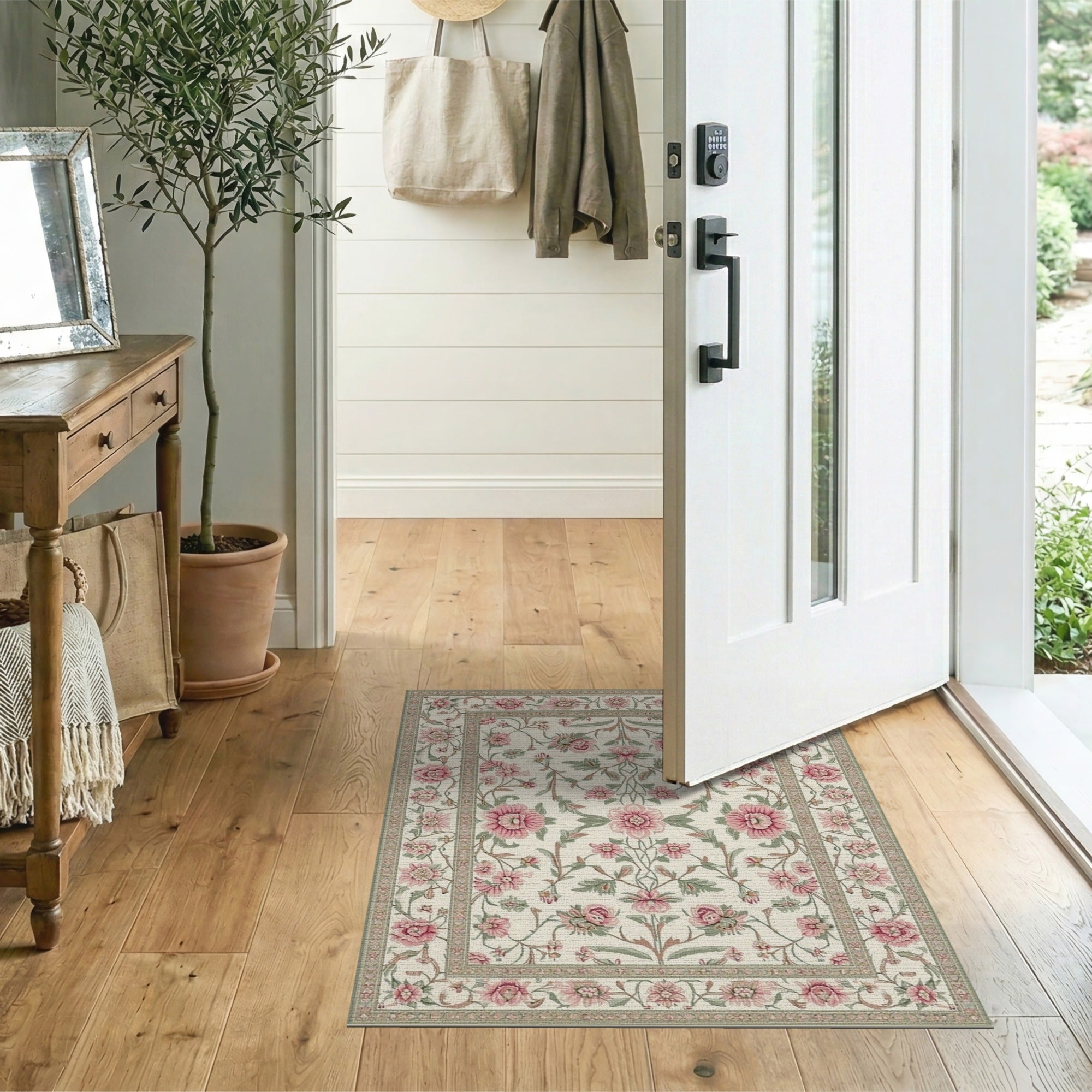 Pink Floral Vintage Area Rug with Cream Base