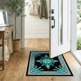 Teal Ornate Floral Medallion Area Rug on Black
