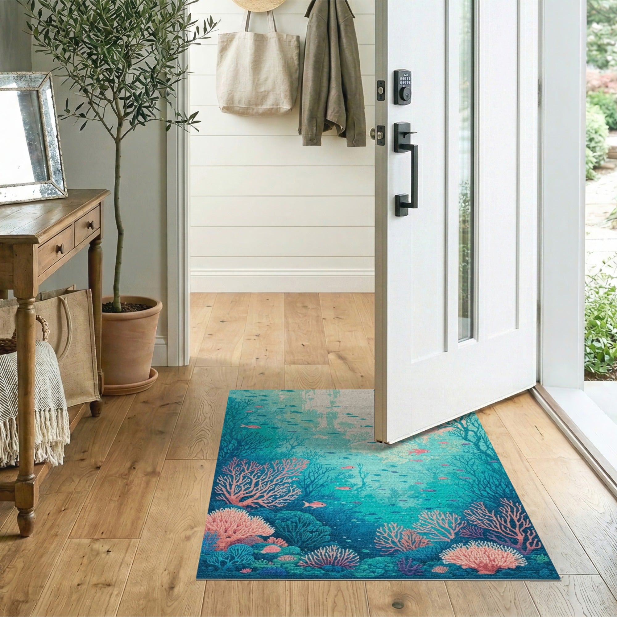 Washable Ocean Coral Reef Area Rug, Teal & Pink Low Pile Coastal Decor