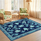 ODIKA Washable Coastal Sea Turtle Rug - Navy Blue Tropical Low Pile Non-Slip Area Rug