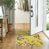 Vintage Yellow Floral Rug with Pink Blossoms