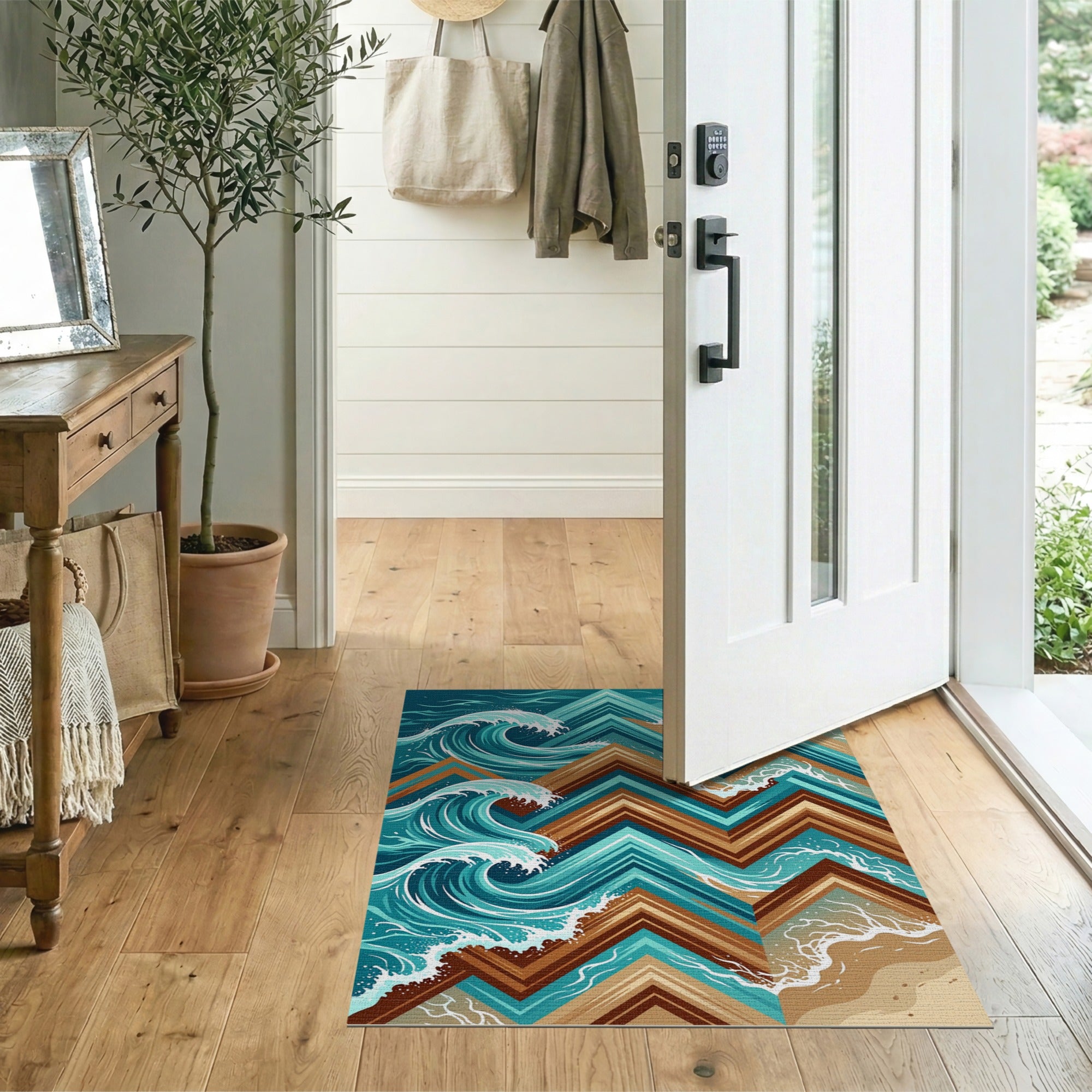 Teal Ocean Waves Crashing Mountains Geometric Rug