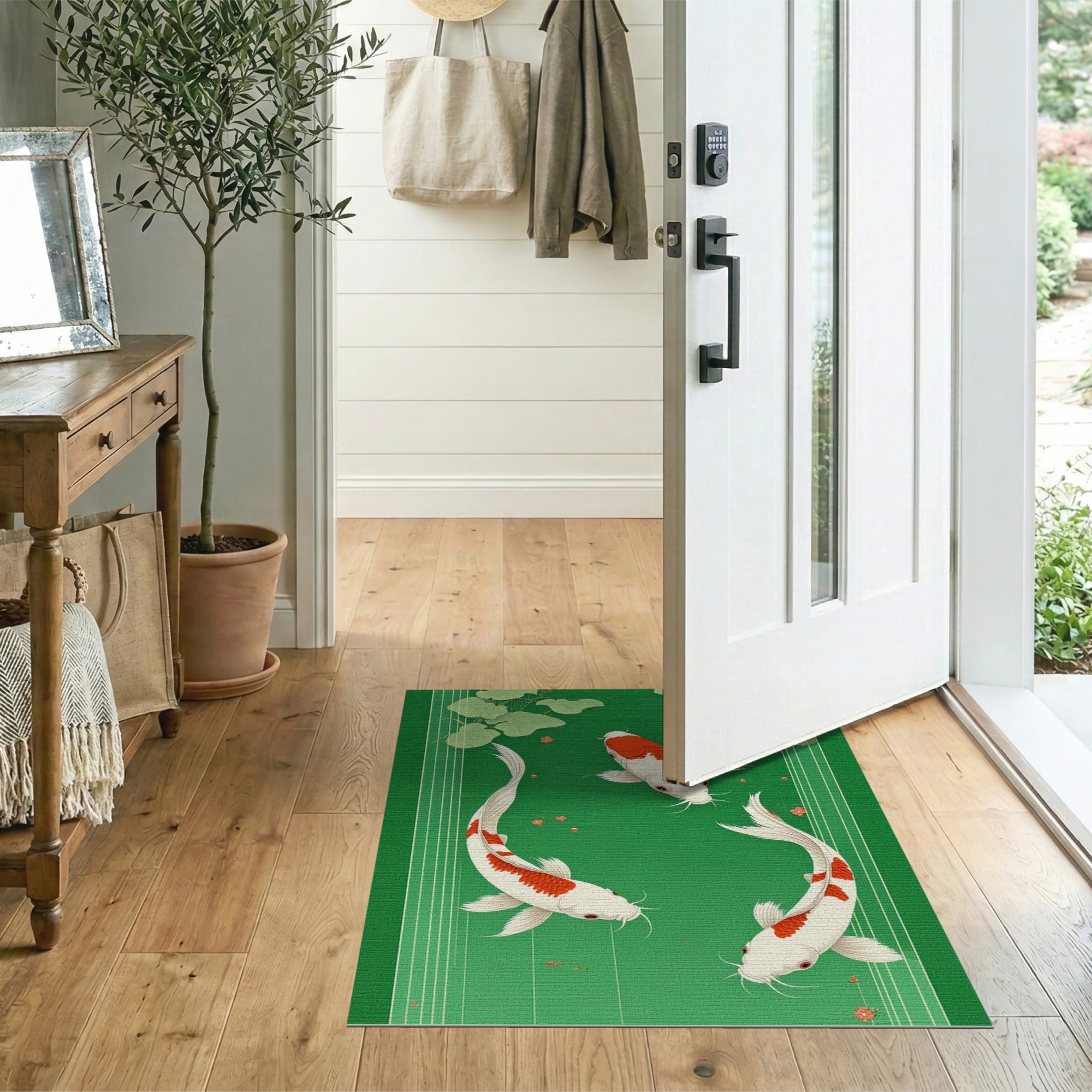 Serene Koi Fish and Leaves Green Area Rug