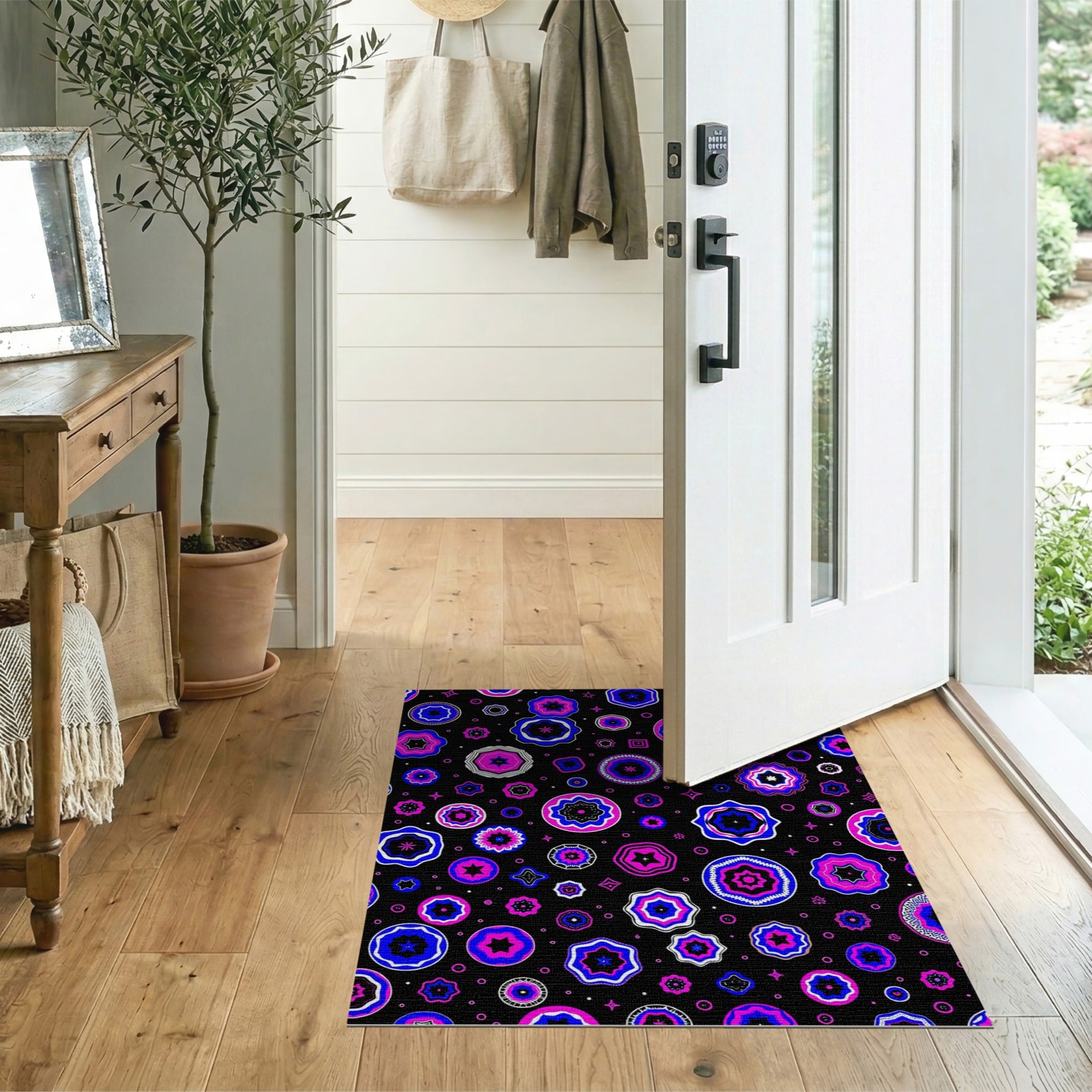 Vibrant Pink Blue Geometric Star Area Rug