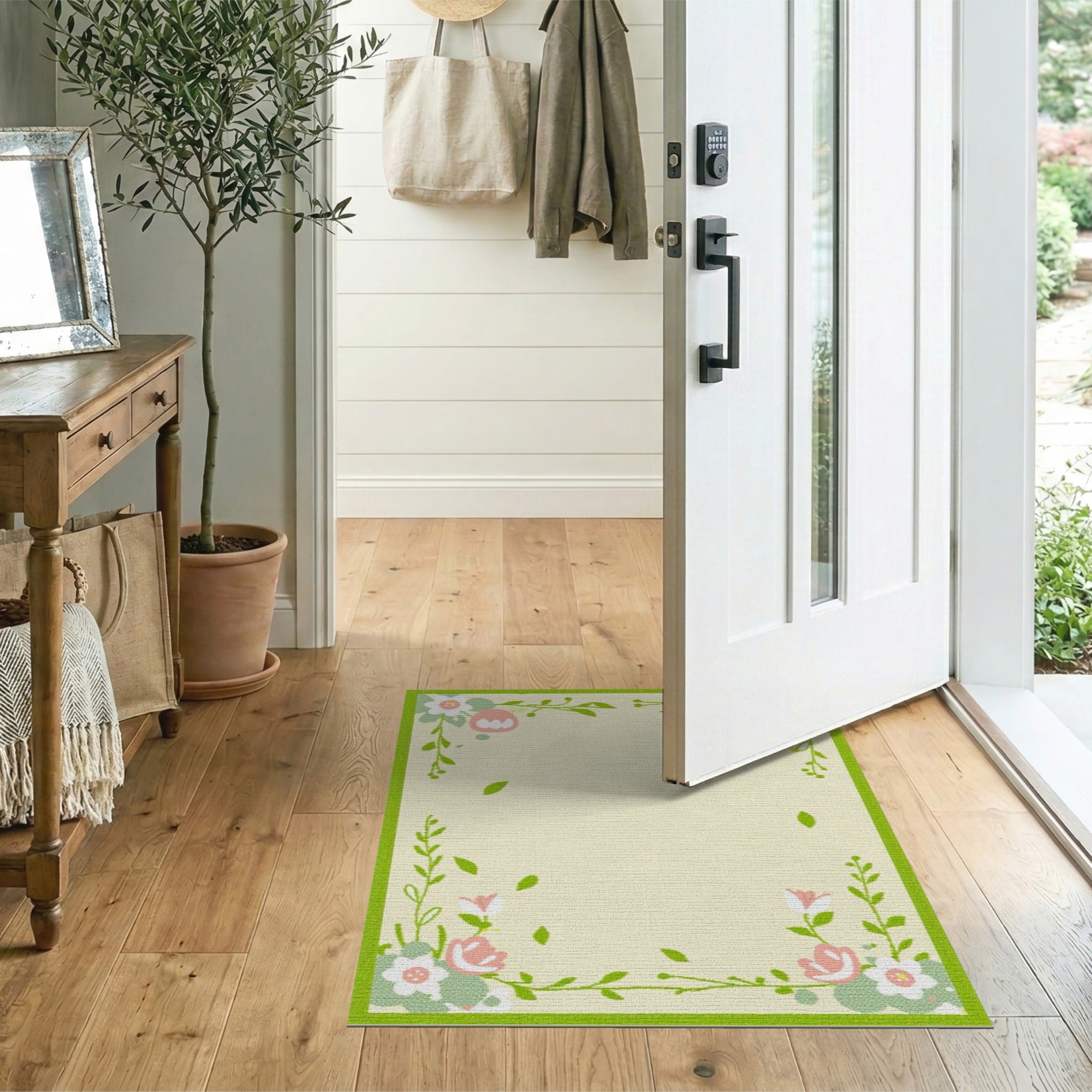 Whimsical Green Border Pink Floral Area Rug