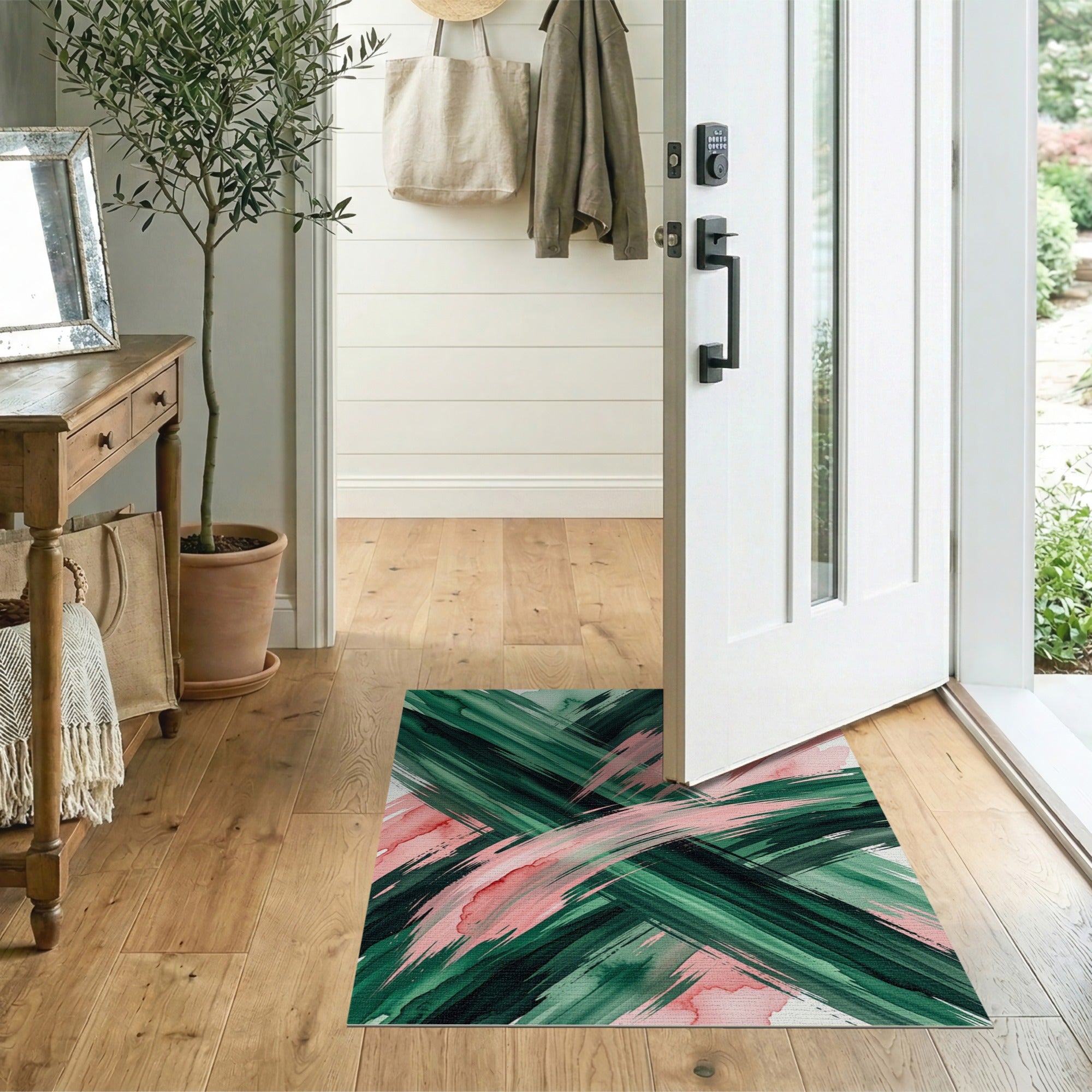Bold Green Pink Watercolor Abstract Rug