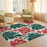 ODIKA Tropical Floral Red & Green Washable Area Rug - Low Pile Non-Slip Pet & Kid Friendly Carpet