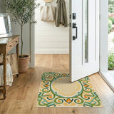 Ornate Green Floral Oval Border Area Rug