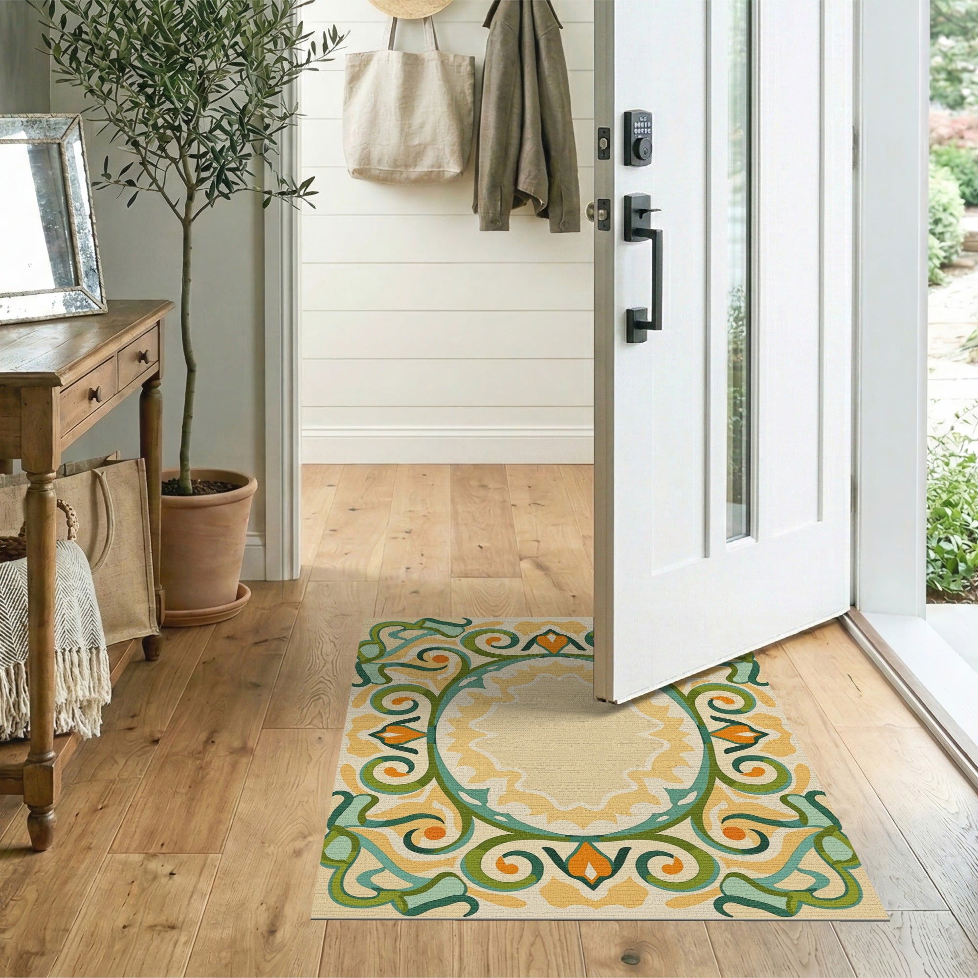 Ornate Green Floral Oval Border Area Rug