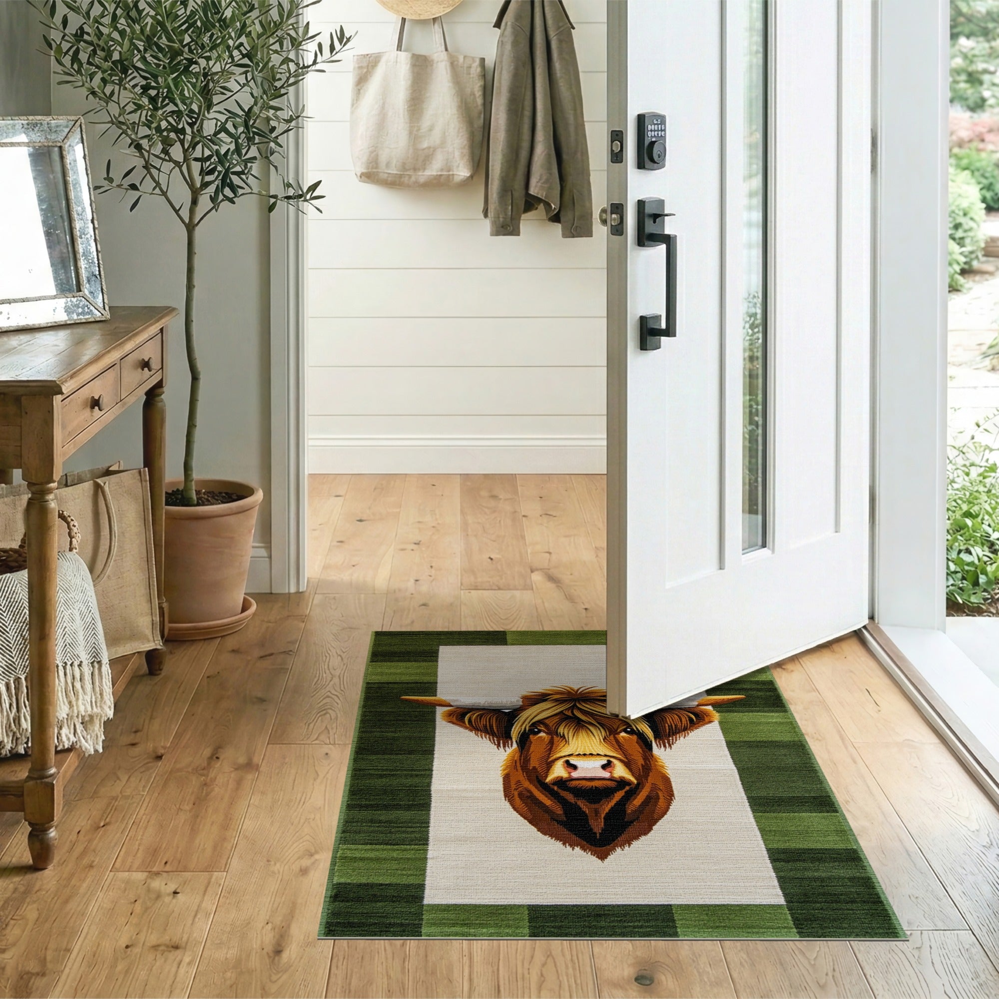 Highland Cow Head Rug with Green Plaid Border