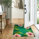 Pink Hibiscus Flower Teal Green Area Rug
