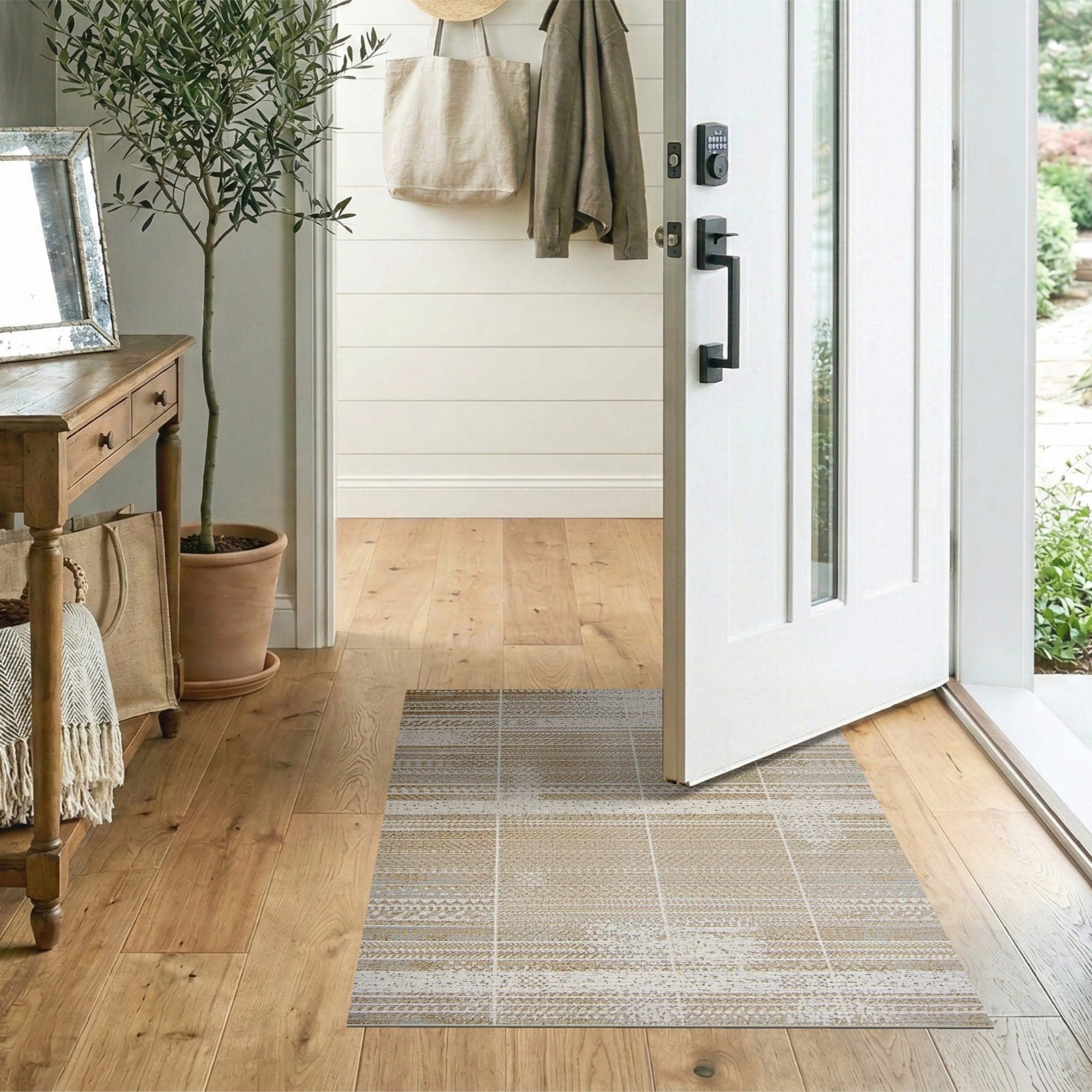 Beige Distressed Grid Texture Area Rug
