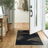 Black Textured Rug with Gold Palm Leaves