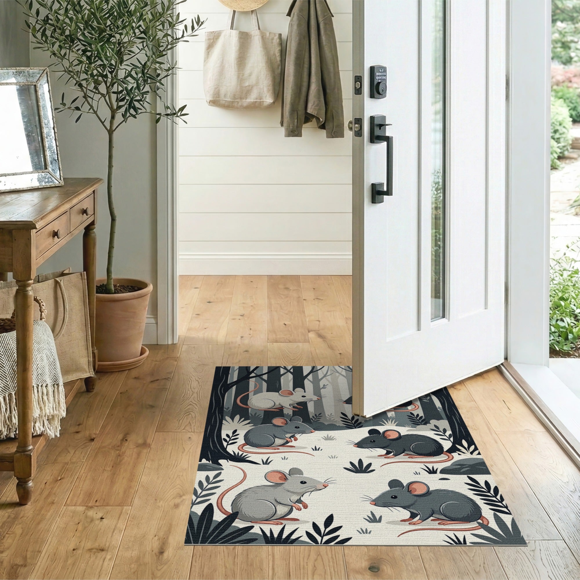 Whimsical Black White Forest Mice Rug