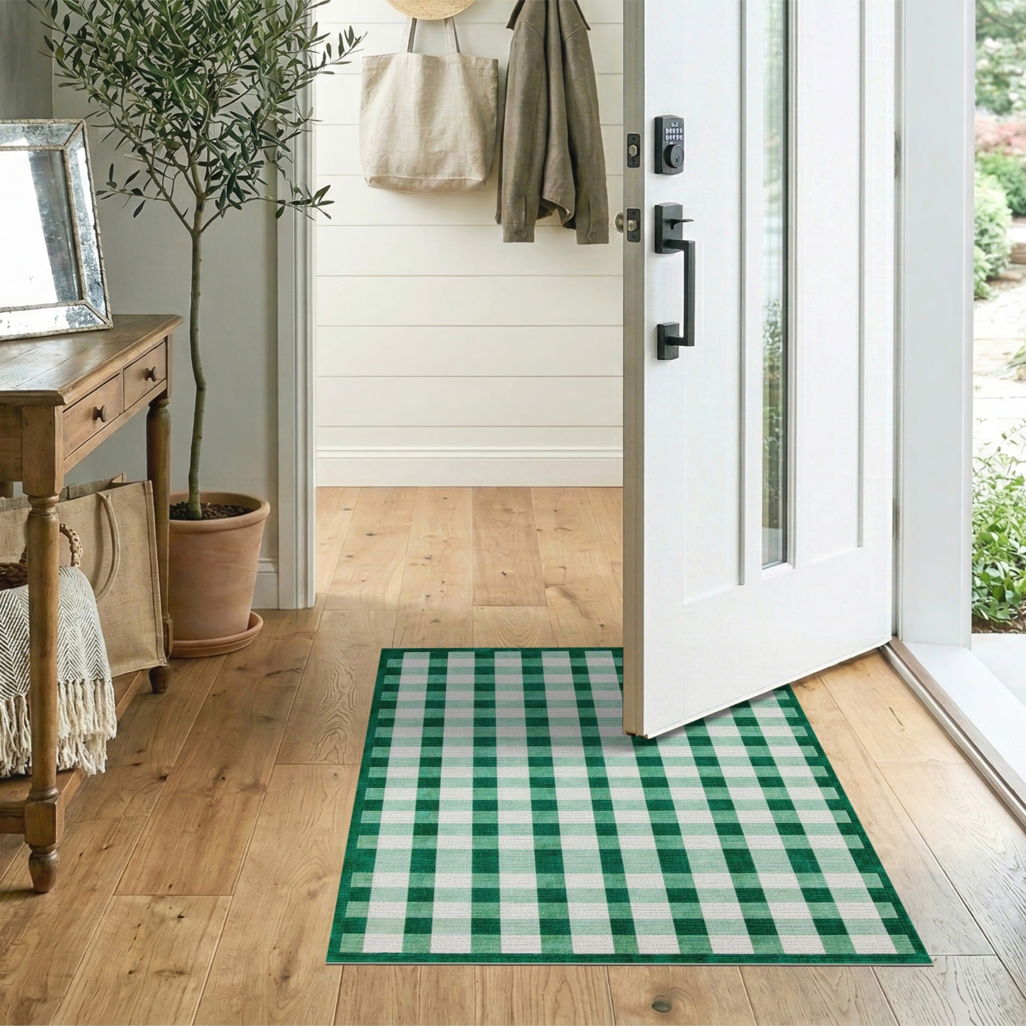 Green Gingham Check Rustic Farmhouse Area Rug