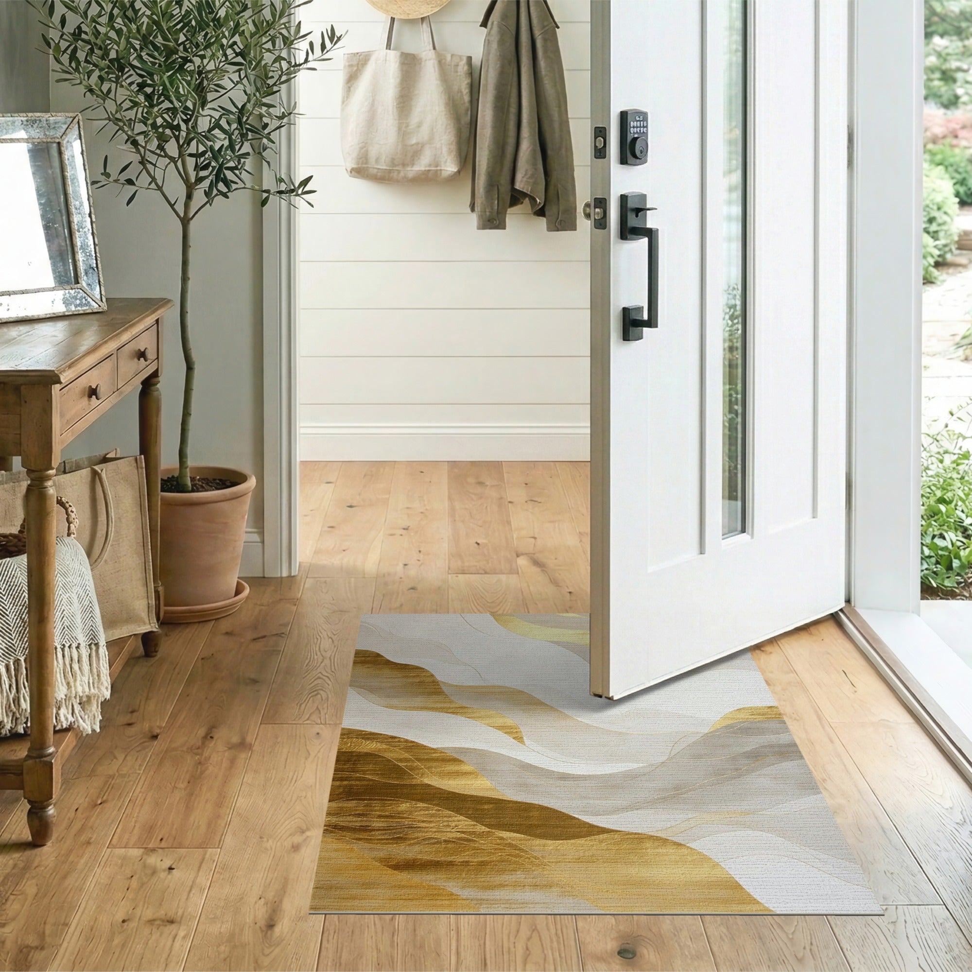 ODIKA Modern Abstract Gold Wavy Washable Area Rug - Low Pile, Non-Slip & Pet Friendly