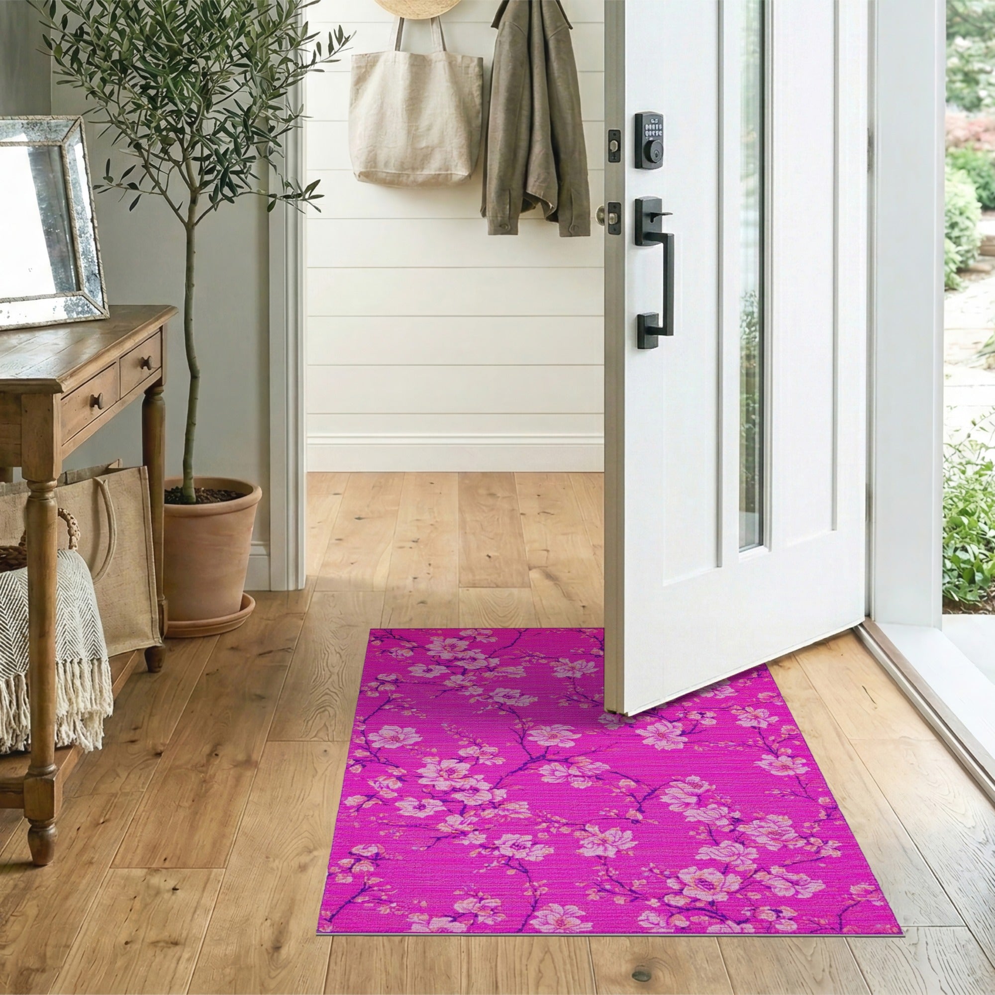 Vibrant Pink Magnolia Blossom Area Rug