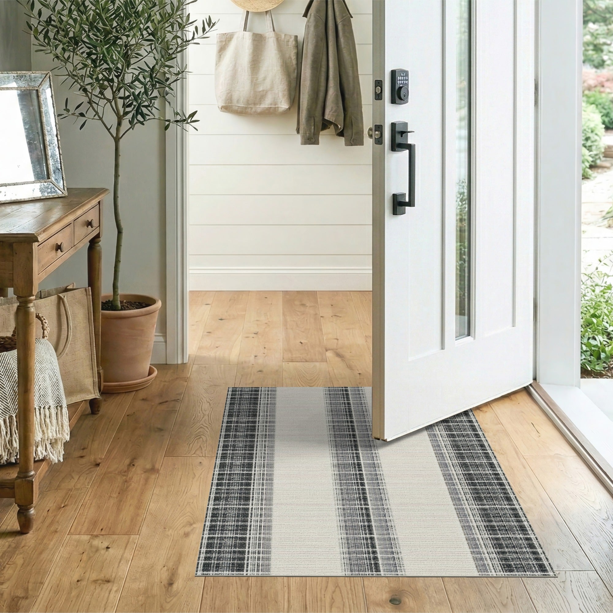Distressed Black Plaid Stripe Area Rug