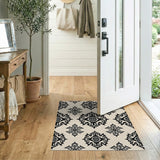 Black Damask Floral Area Rug on Ivory