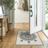 Black Mandala Lotus Area Rug on Cream