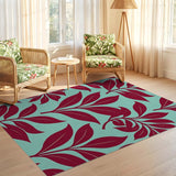 ODIKA Washable Botanical Leaf Area Rug - Red & Mint Low Pile Non-Slip Floor Mat