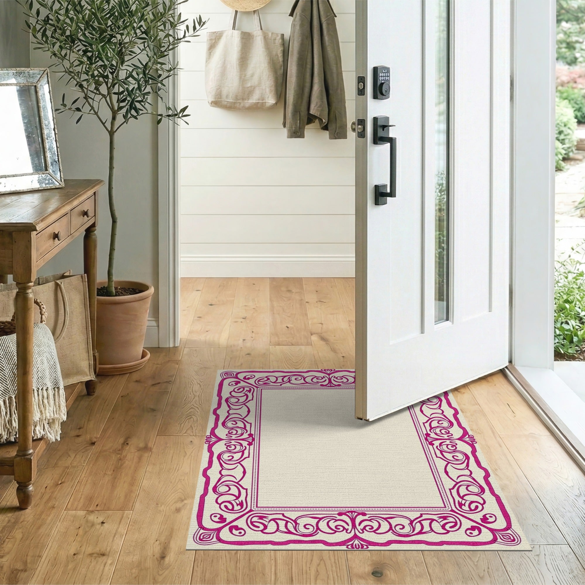 Ornate Floral Vintage Pink Ornate Floral Border Area Rug