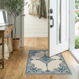 Elegant Navy Floral Border Cream Area Rug