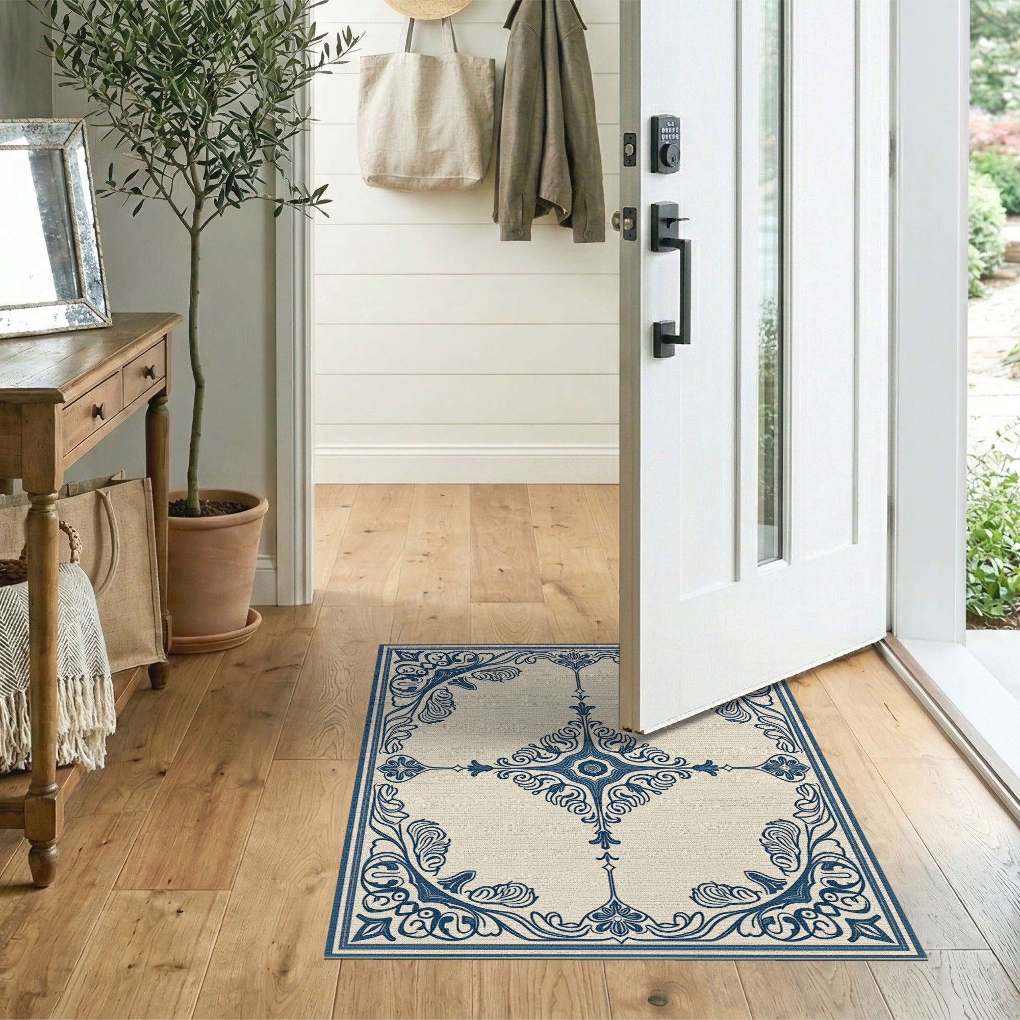 Elegant Navy Floral Border Cream Area Rug