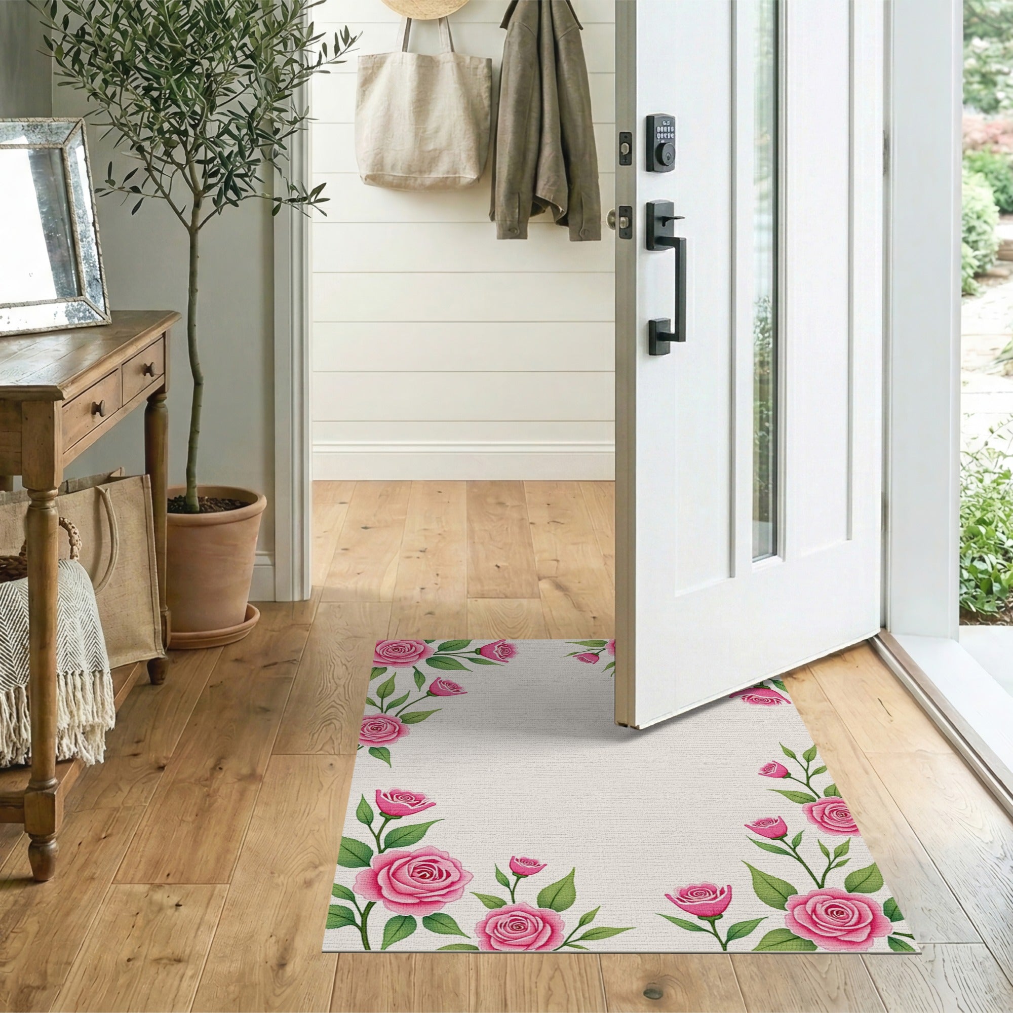 Floral Vintage Vintage Pink Rose Floral Border Rug