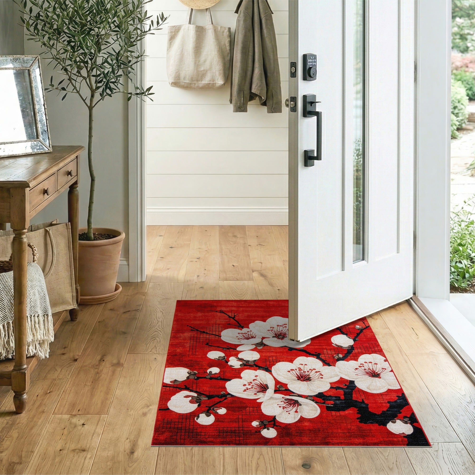 Red Plum Blossom Area Rug with Geometric Lattice