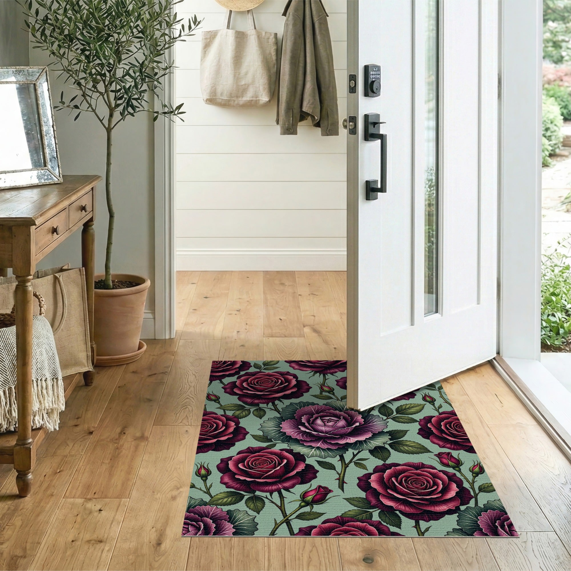 Deep Red Roses and Kale Floral Area Rug