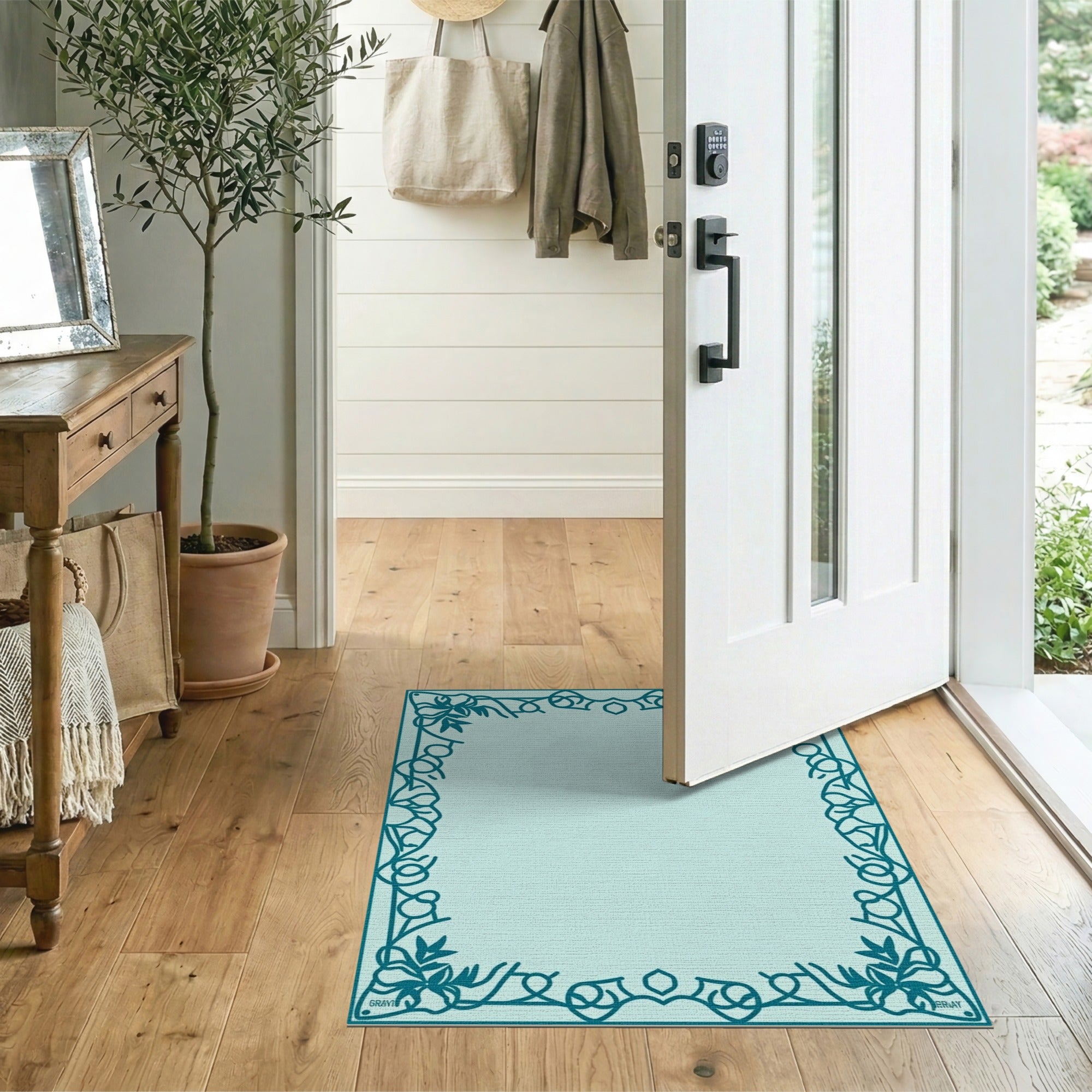Blue and Teal Teal Floral Vine Border Area Rug