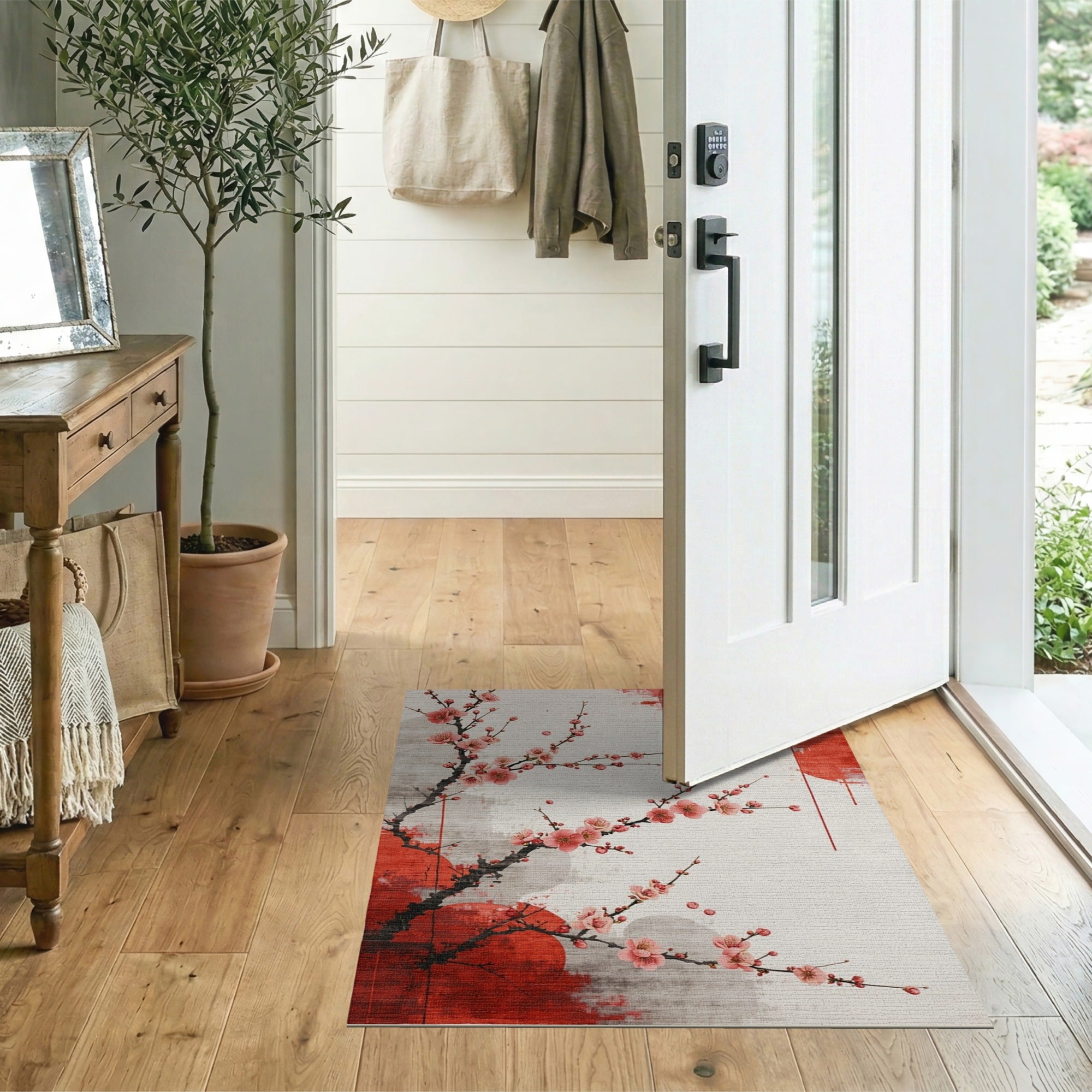 Floral Vintage Pink Cherry Blossom Watercolor Area Rug
